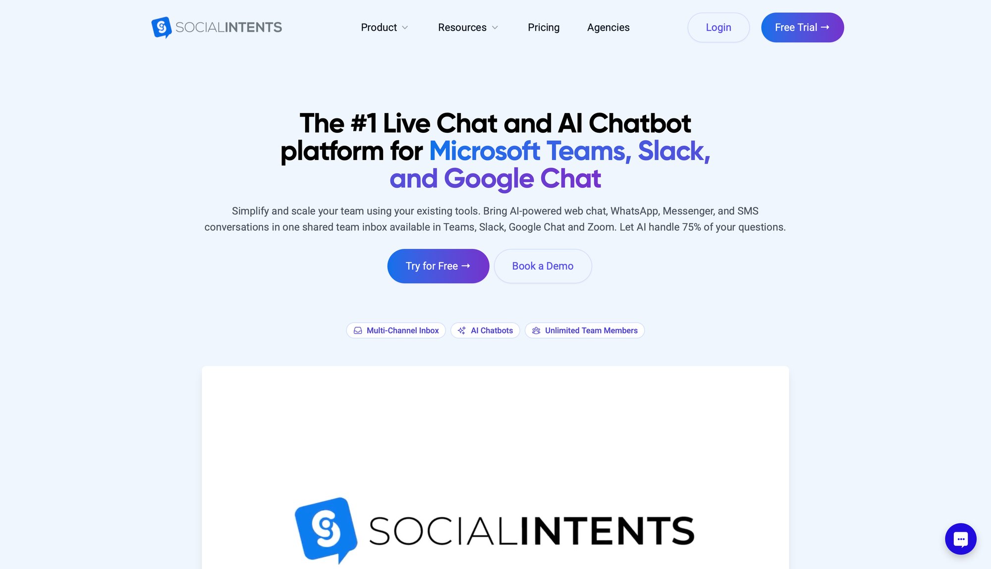 Social Intents website showcasing its live chat and AI chatbot platform for various communication tools.