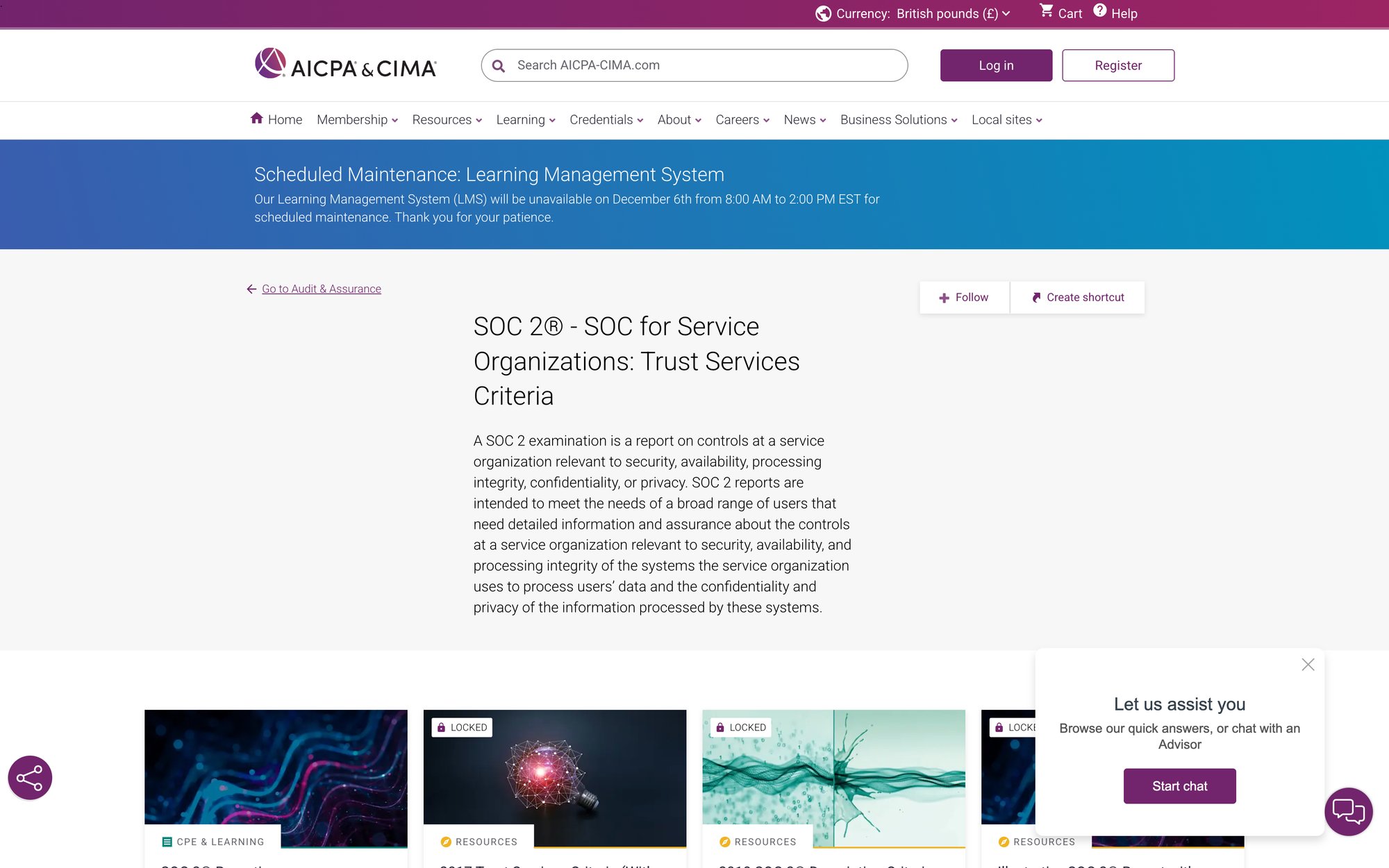 AICPA SOC 2 standards page showing official audit and assurance guidelines