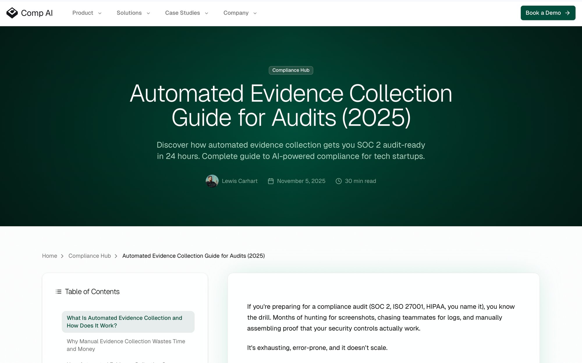 A webpage for Comp AI, displaying an article banner titled 'Automated Evidence Collection Guide for Audits (2025)' with author and date details, and a table of contents on the left.