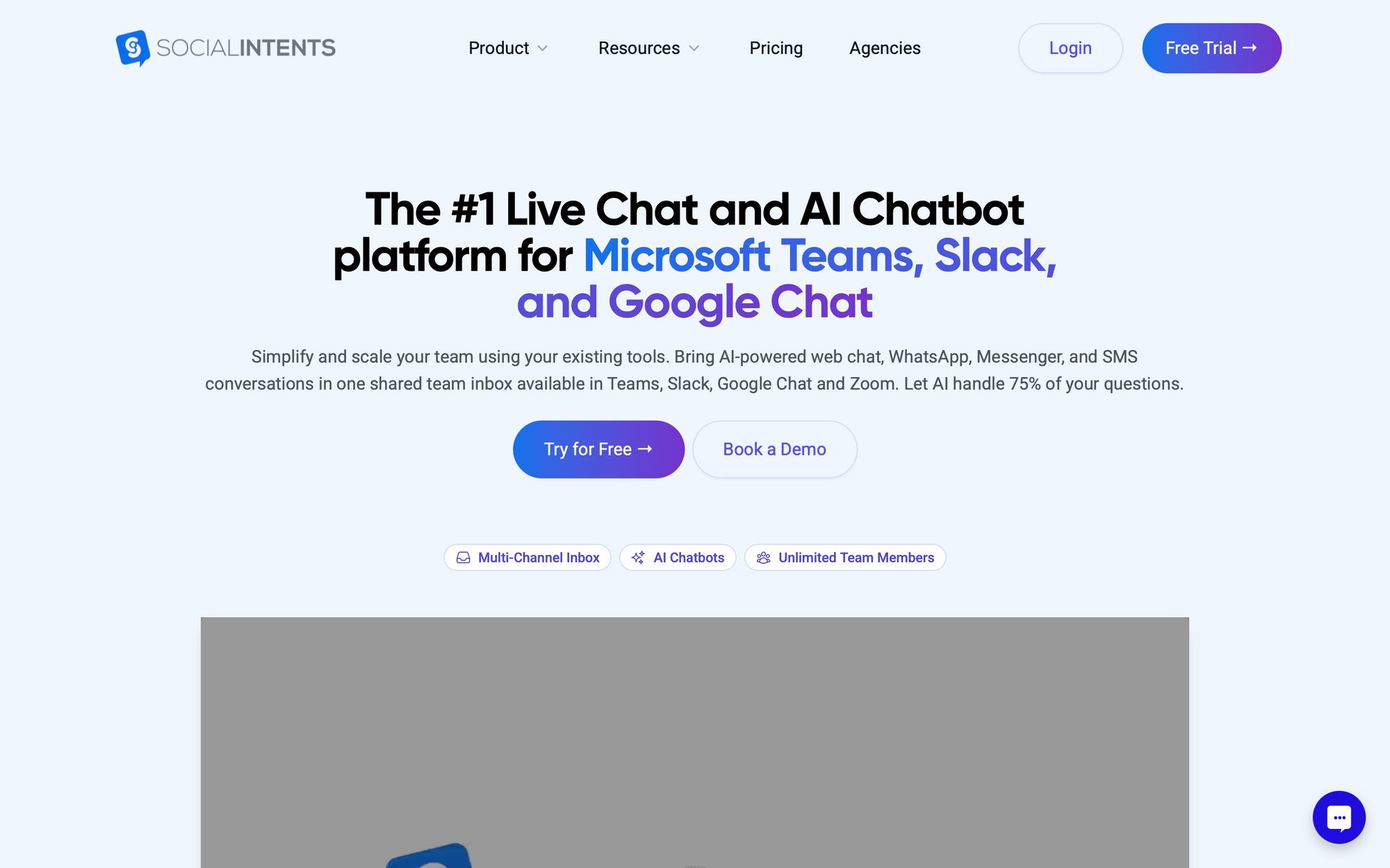 Landing page for SocialIntents, a live chat and AI chatbot platform for Microsoft Teams, Slack, and Google Chat.