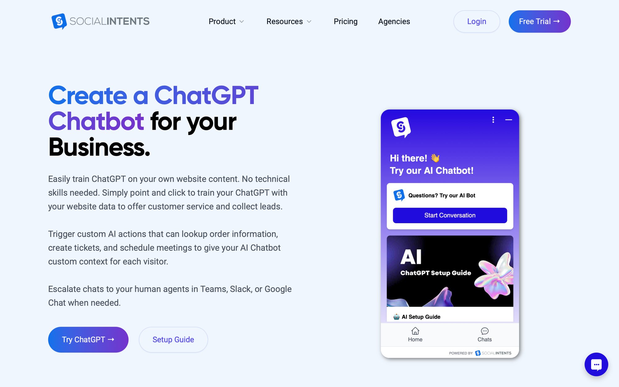 Screenshot of Social Intents website's homepage, promoting a ChatGPT chatbot for business with a mobile app preview.