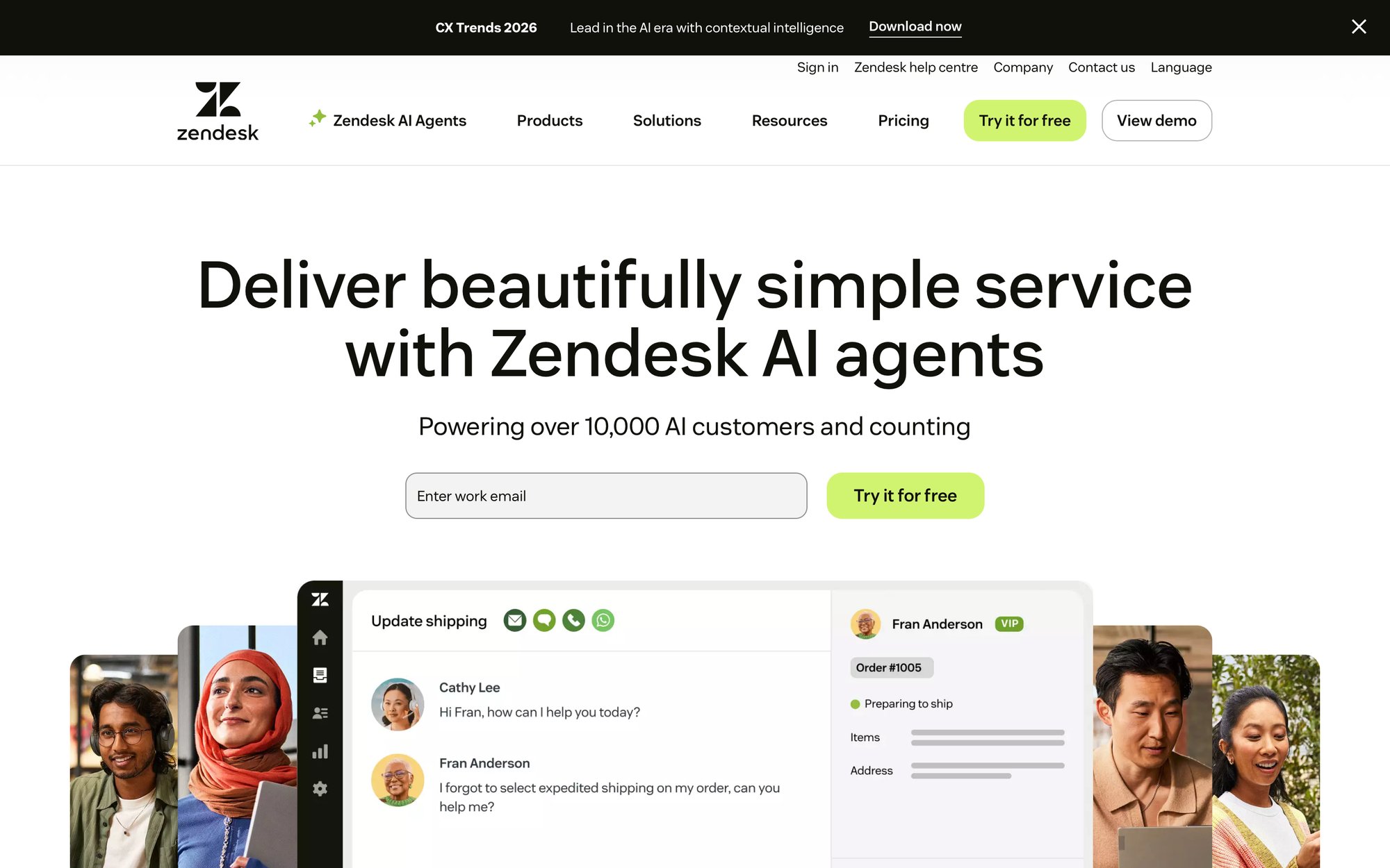 Zendesk homepage displaying 'Deliver beautifully simple service with Zendesk AI agents' and a chat interface example.
