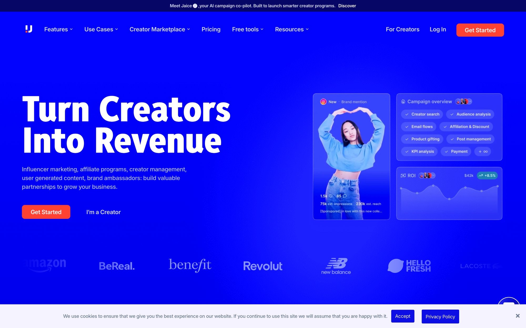 A website homepage for an influencer marketing platform showing campaign analytics and partner brands.