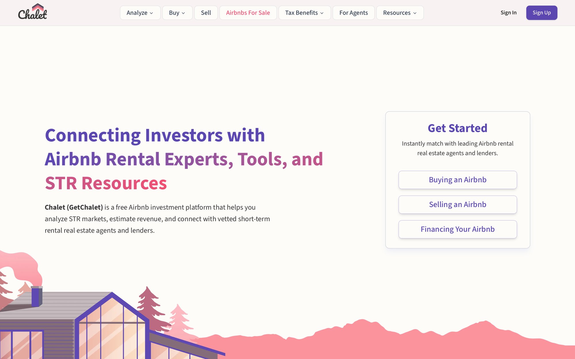 Chalet website homepage connecting investors with Airbnb rental experts, tools, and resources for buying, selling, and financing.