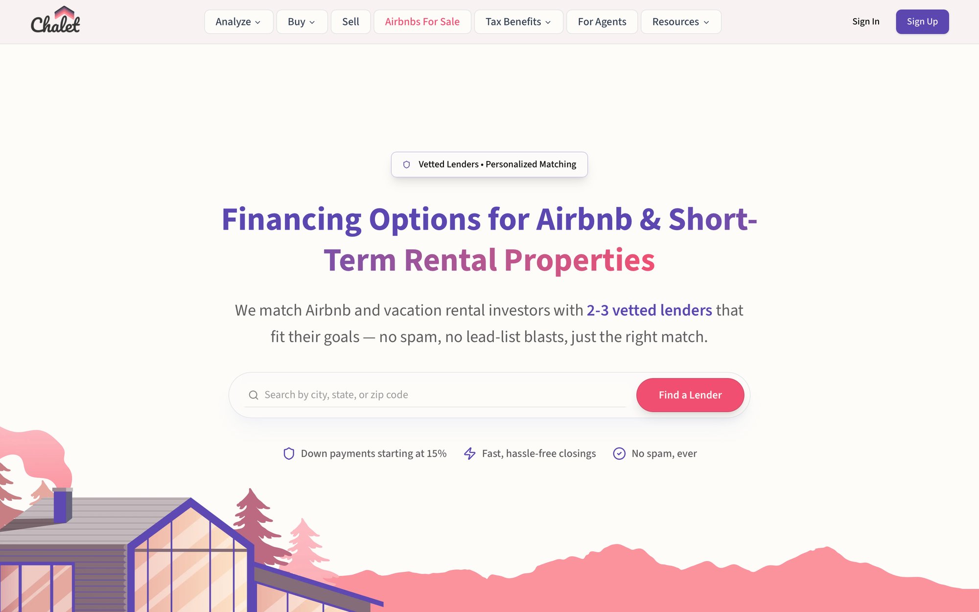 Chalet homepage offering financing for Airbnb and short-term rental properties with vetted lenders.
