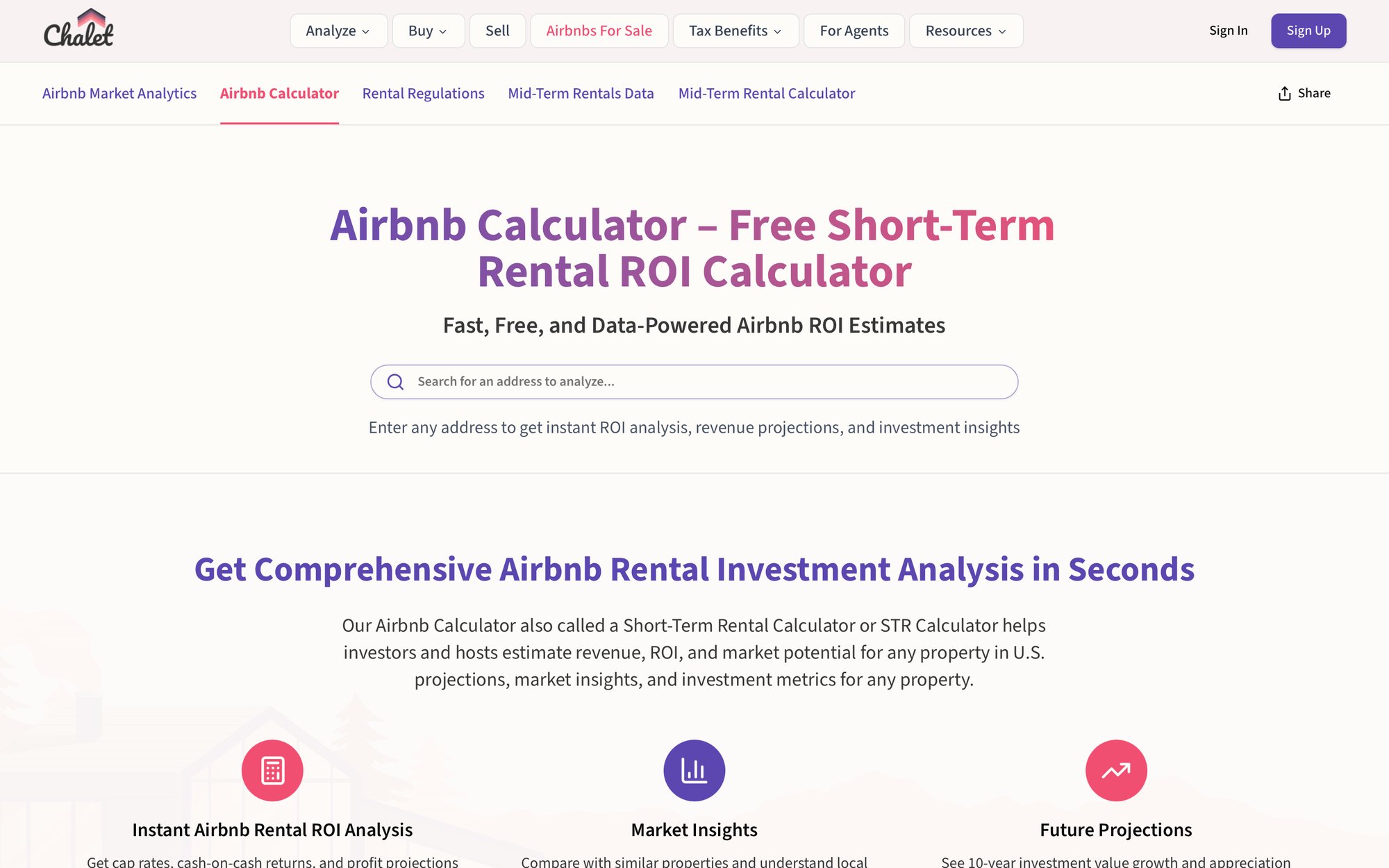 A website page for Chalet's Airbnb Calculator, offering free short-term rental ROI estimates.