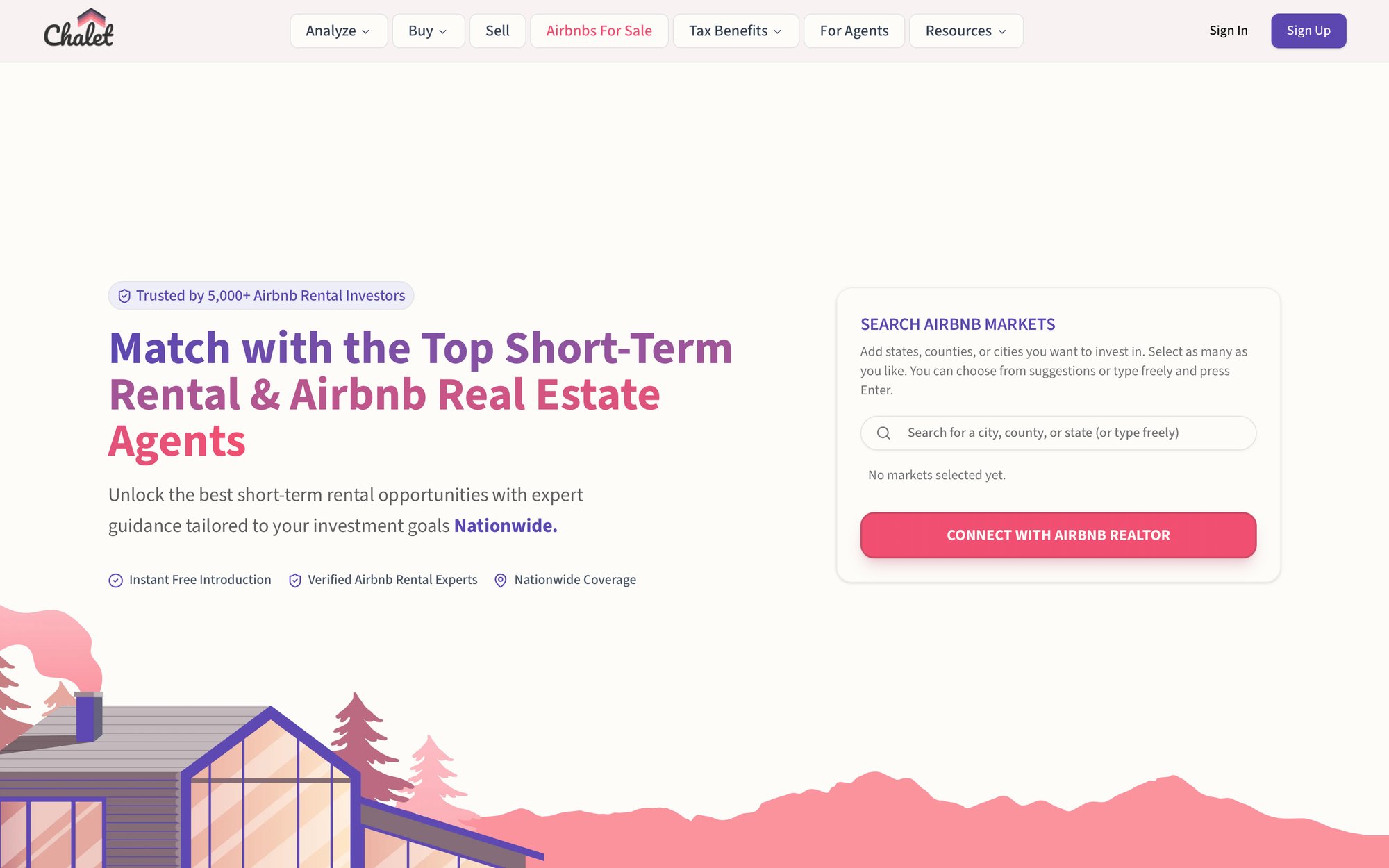 Chalet website connecting investors with top short-term rental and Airbnb real estate agents, showing search markets.