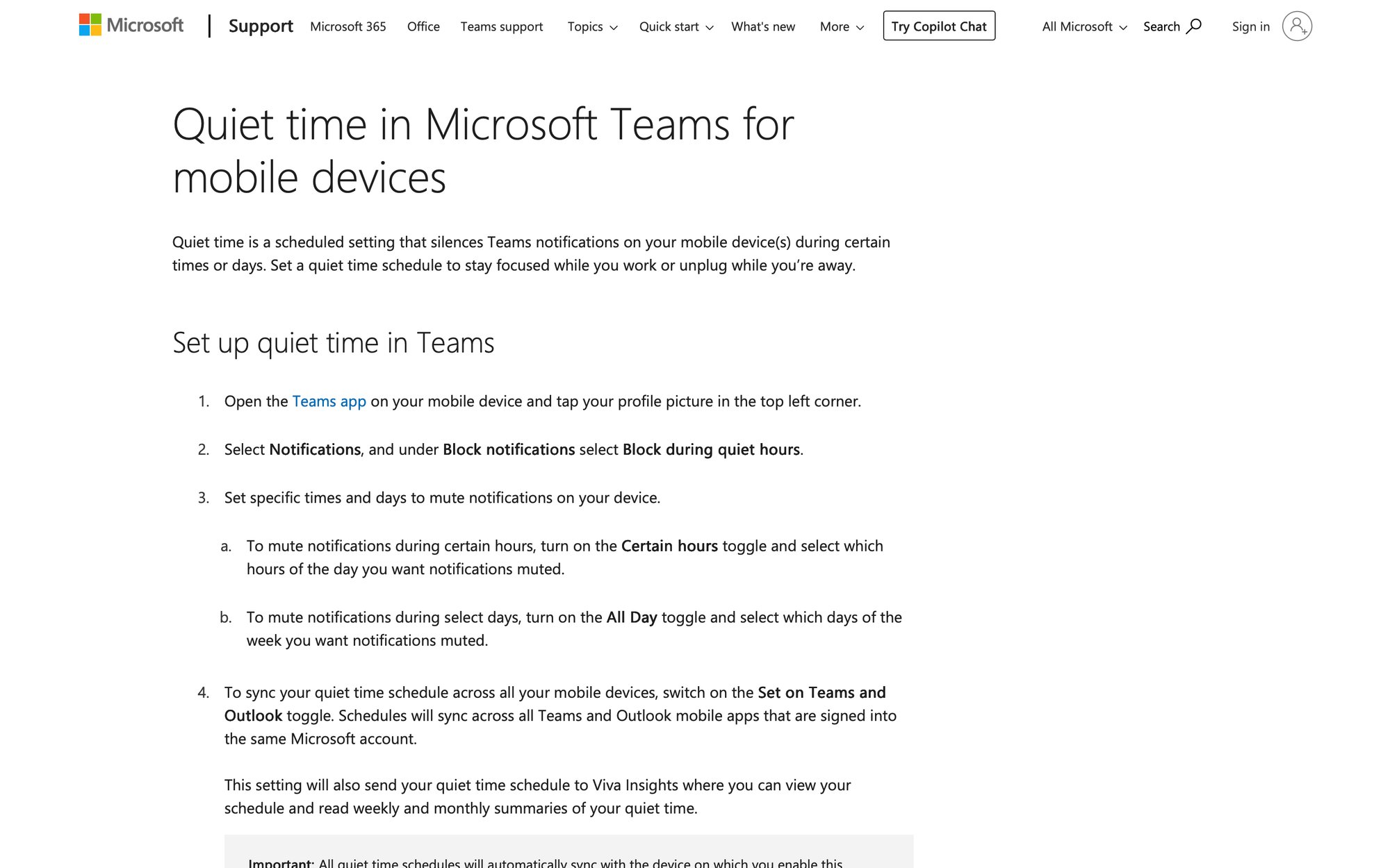 Instructions on how to set up quiet time in Microsoft Teams on mobile devices, silencing notifications.