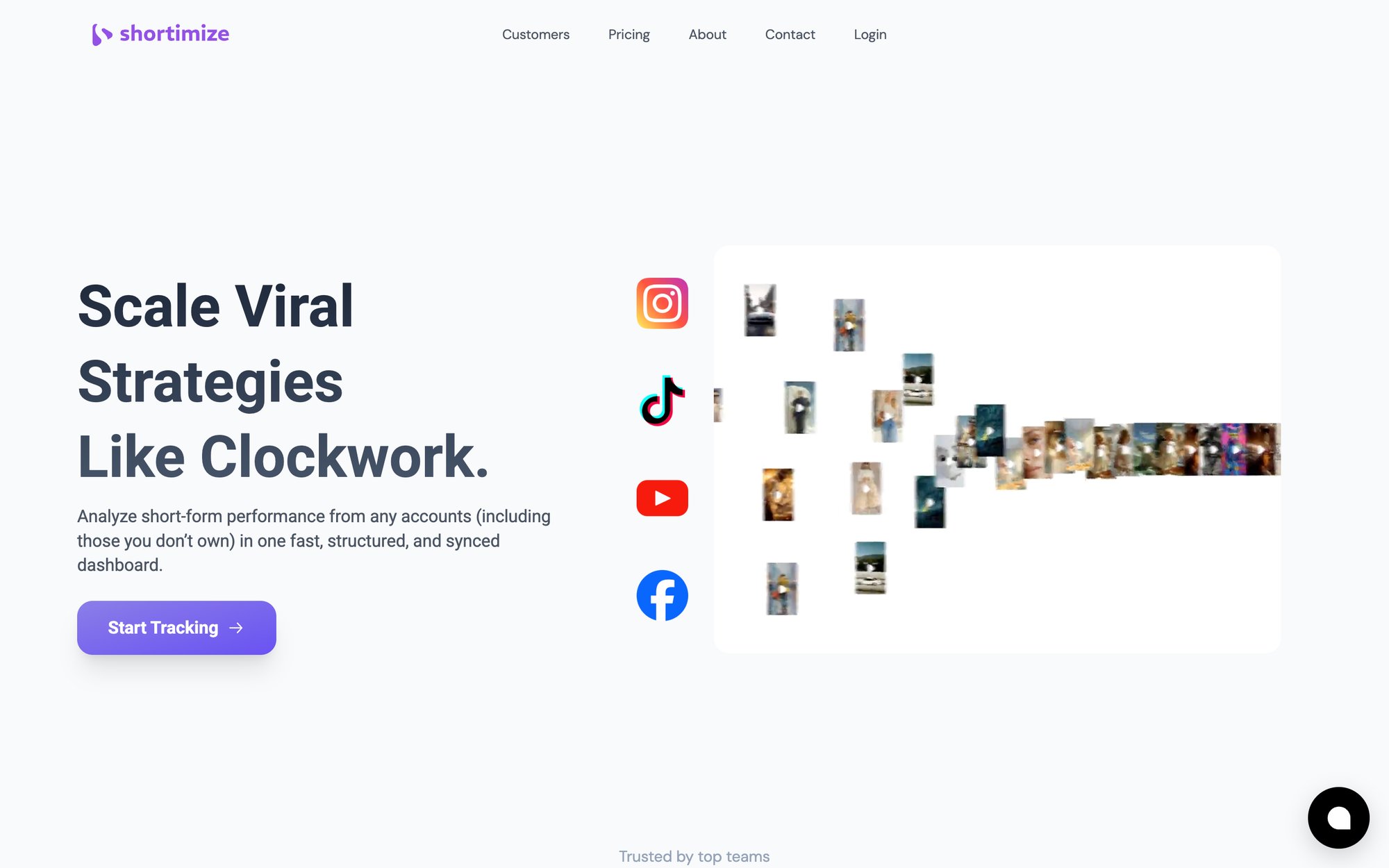 Website for Shortimize, showcasing viral short-form strategy scaling with social media integrations and video thumbnails.