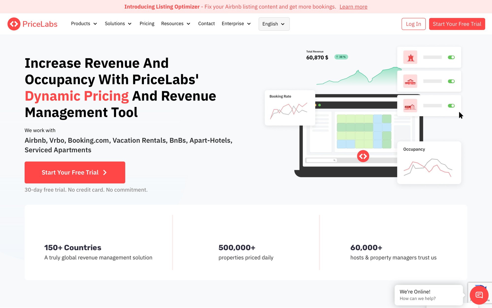 PriceLabs dynamic pricing software homepage displaying revenue graphs, property listings, and statistics for various rentals.
