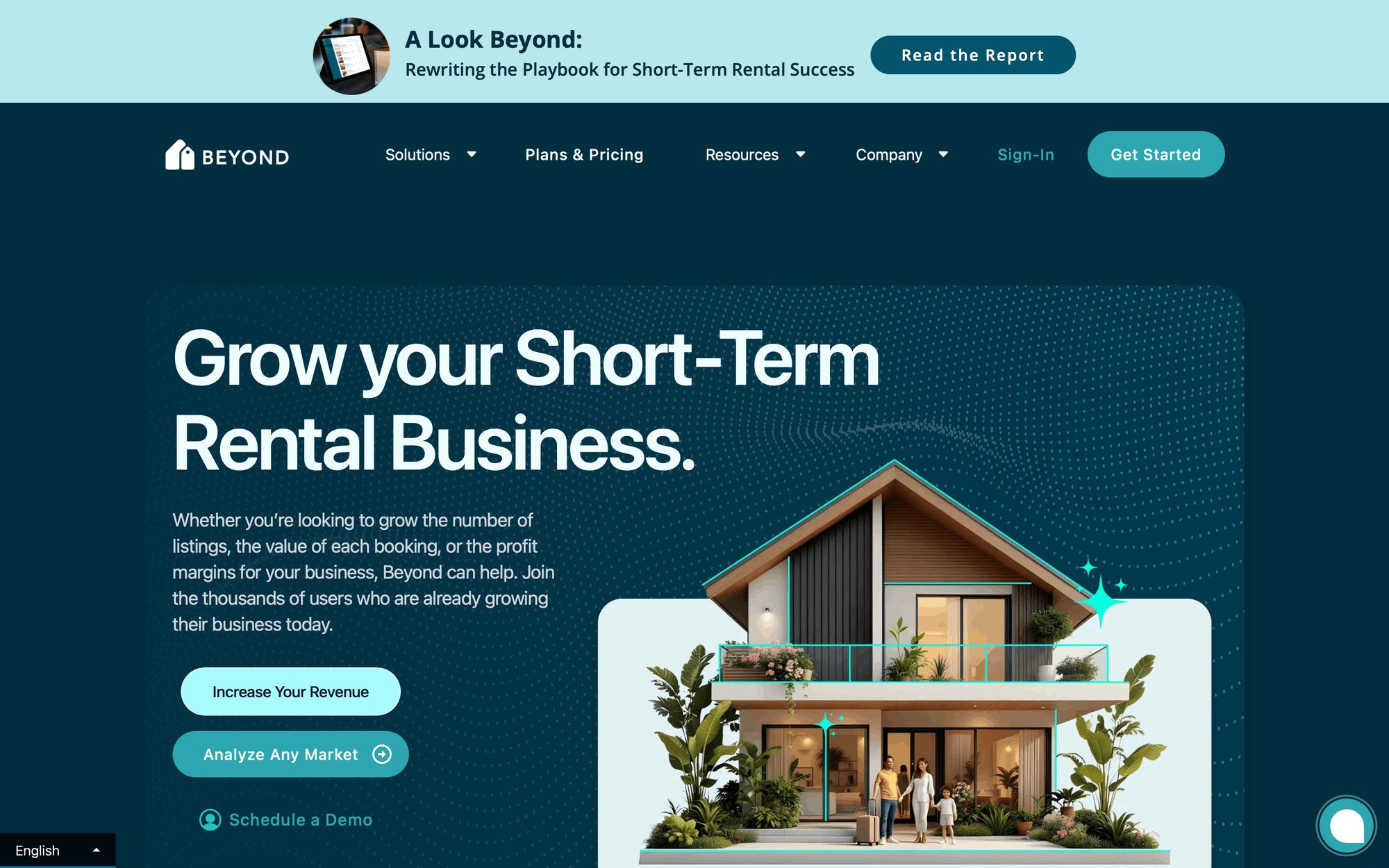 Homepage for Beyond, a short-term rental business software, featuring a modern house and family.