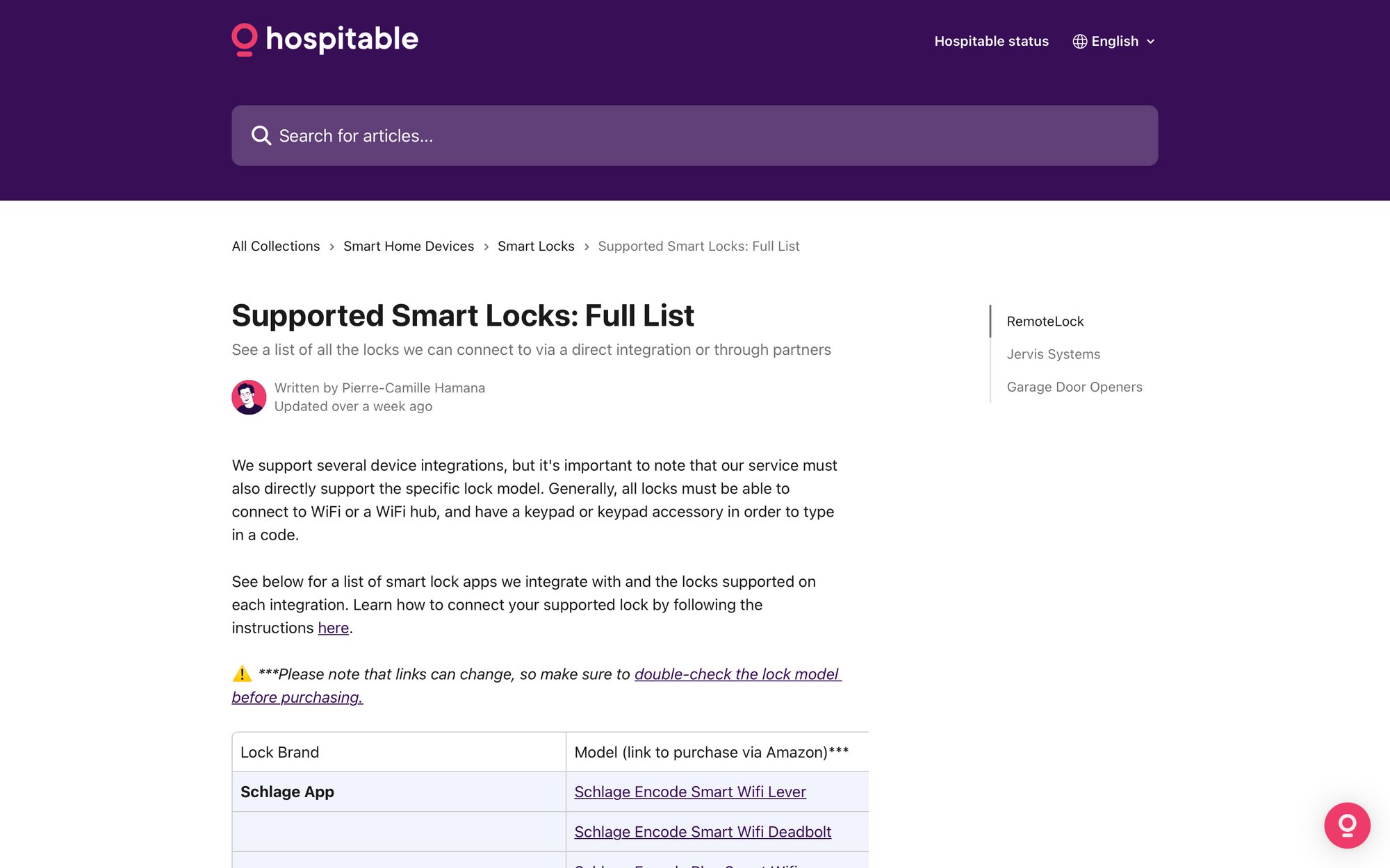 A webpage from hospitable.com displaying a comprehensive list of supported smart locks and their models.