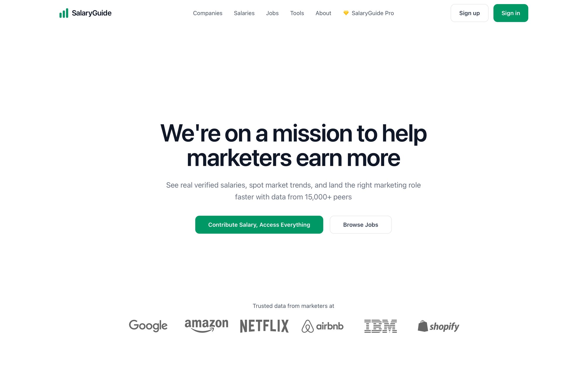 A clean, white landing page for SalaryGuide, offering verified salaries and job trends for marketers.