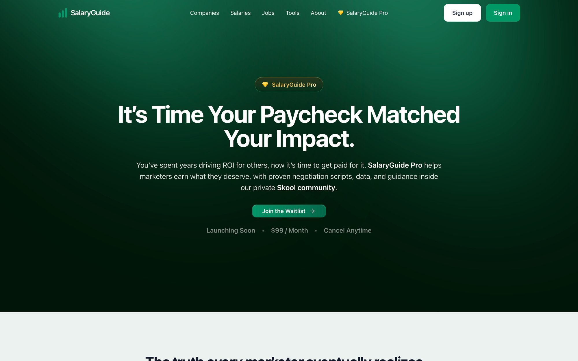 A webpage for SalaryGuide Pro, inviting marketers to join a waitlist to match their paycheck with impact.