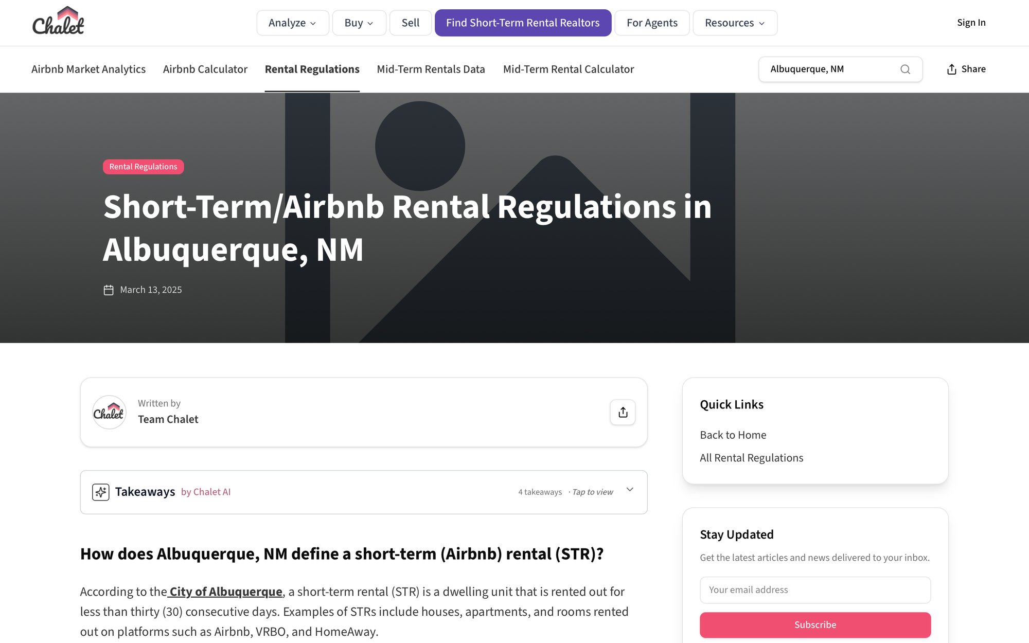 Webpage displaying an article on Short-Term/Airbnb Rental Regulations in Albuquerque, NM, with quick links and subscription form.