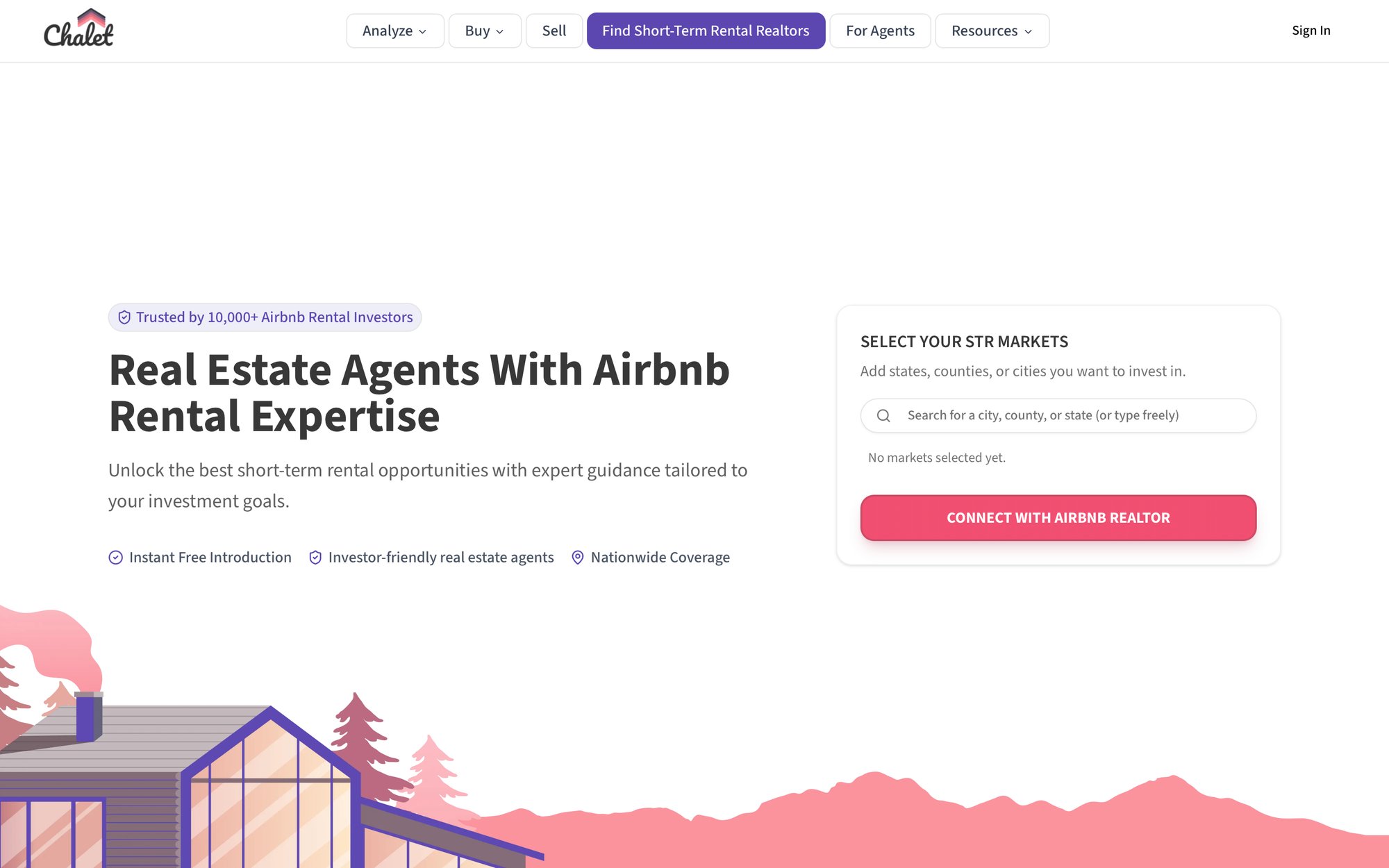 A website homepage for Chalet, showcasing real estate agents specializing in Airbnb rental expertise and market selection.