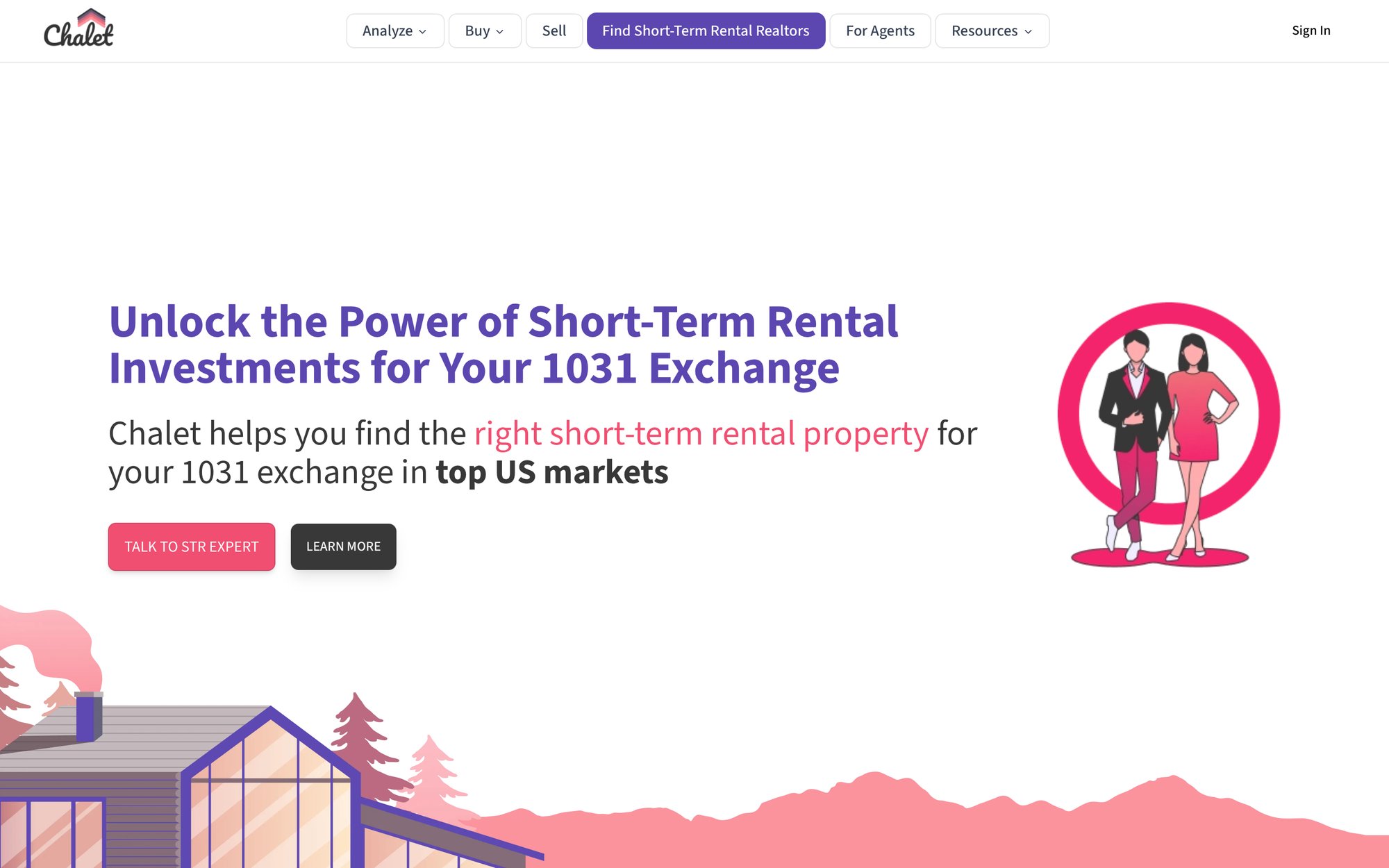 Chalet website homepage showcasing short-term rental investment opportunities for 1031 exchanges, with people and house illustrations.