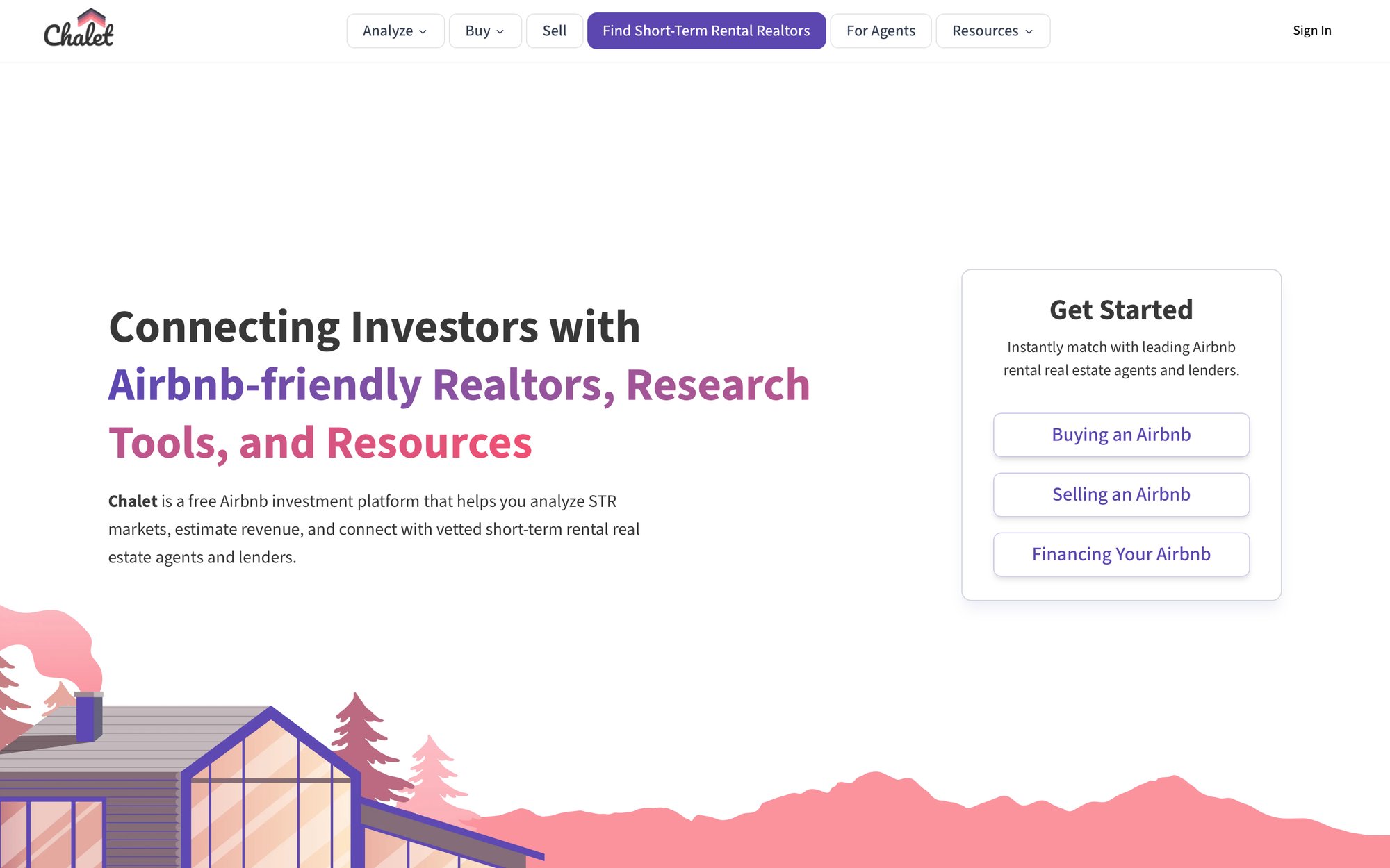 Homepage of Chalet, an Airbnb investment platform, with a main title, description, and call-to-action buttons.