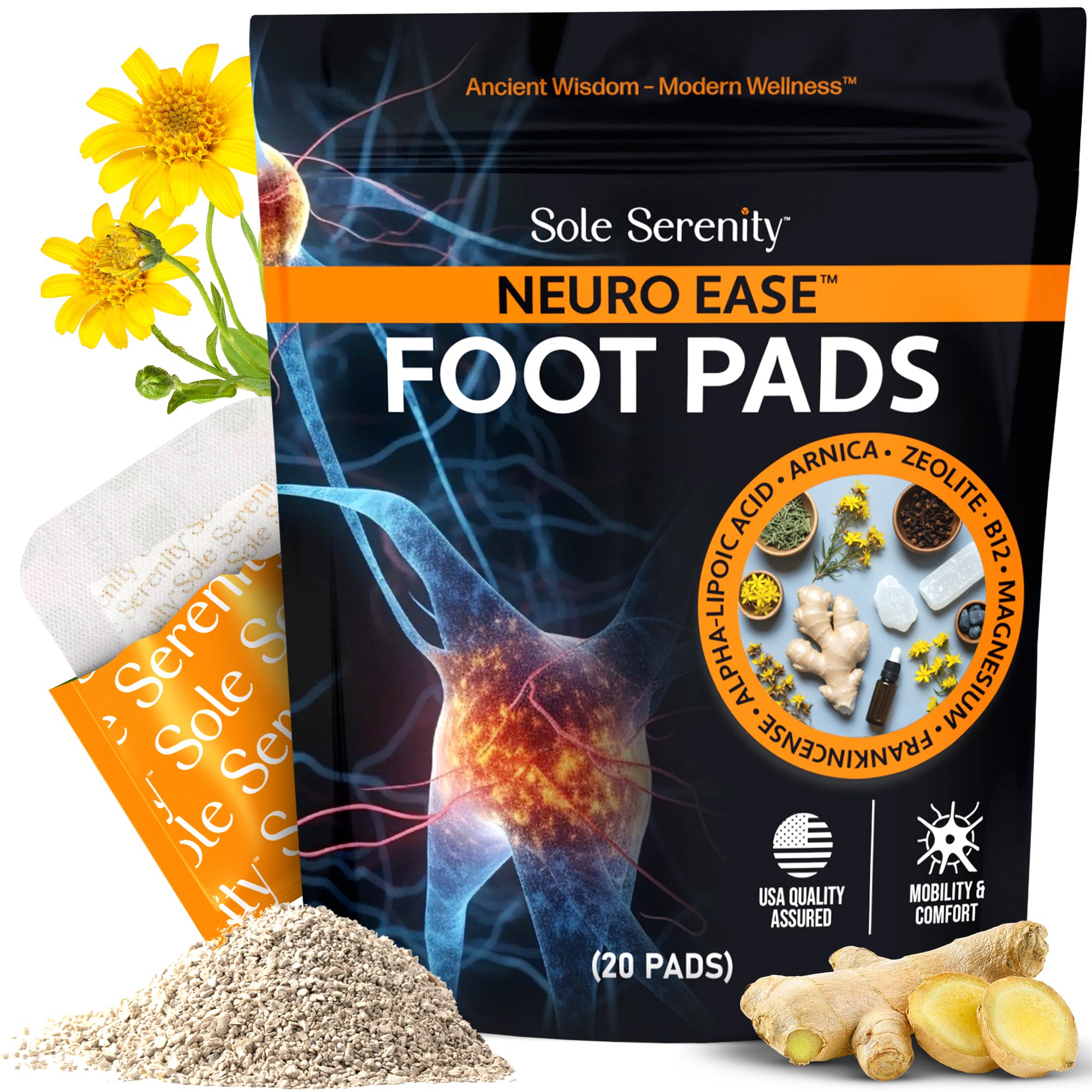 Sole Serenity Neuro Ease Foot Pads package with ginger, arnica, and other natural ingredients, along with yellow flowers.