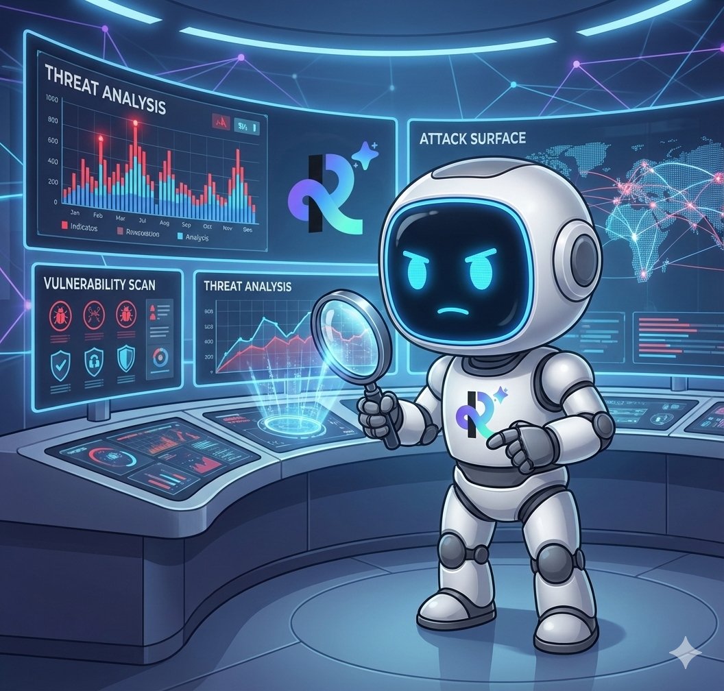 Cute robot analyzing threat data on multiple holographic screens in a command center.