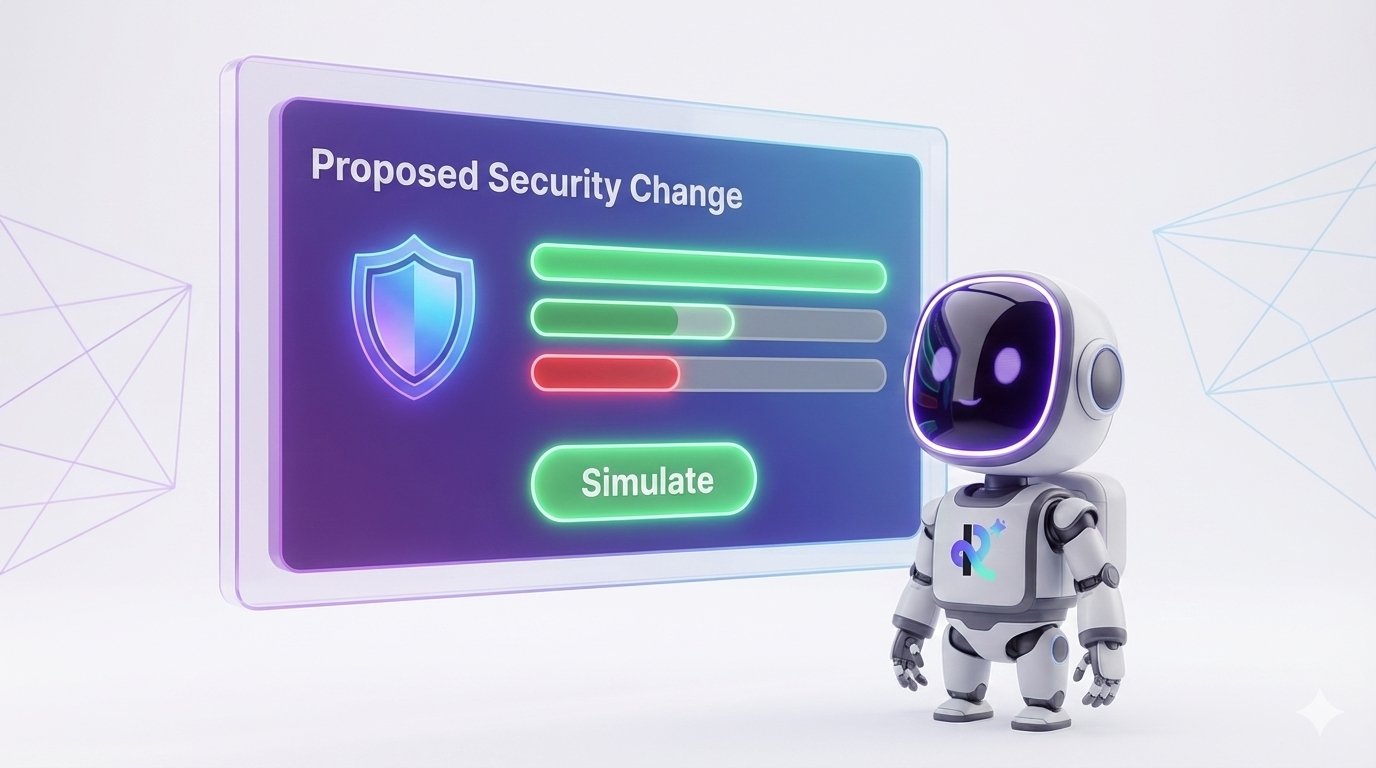 A cute robot stands by a transparent screen showing 'Proposed Security Change' with status bars and a 'Simulate' button.