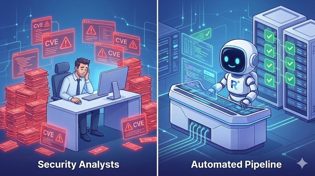 A split image contrasting a stressed security analyst overwhelmed by CVEs with a happy robot managing an automated security pipeline.
