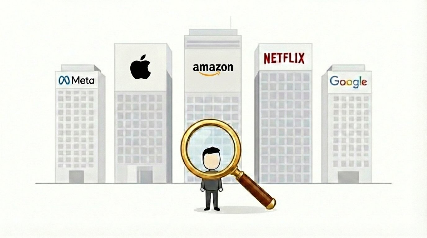 A person with a magnifying glass stands before buildings representing Meta, Apple, Amazon, Netflix, and Google.
