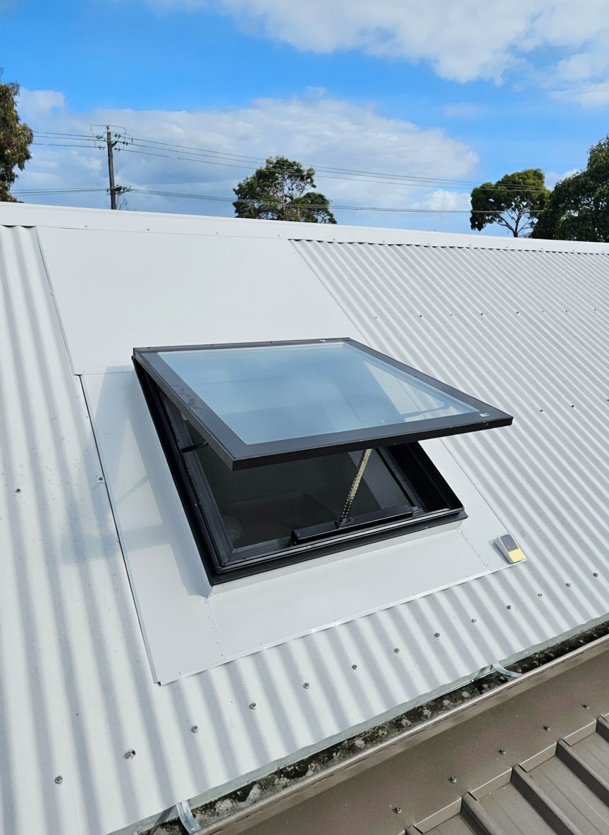 An open electric skylight on a white corrugated metal roof under a blue sky.