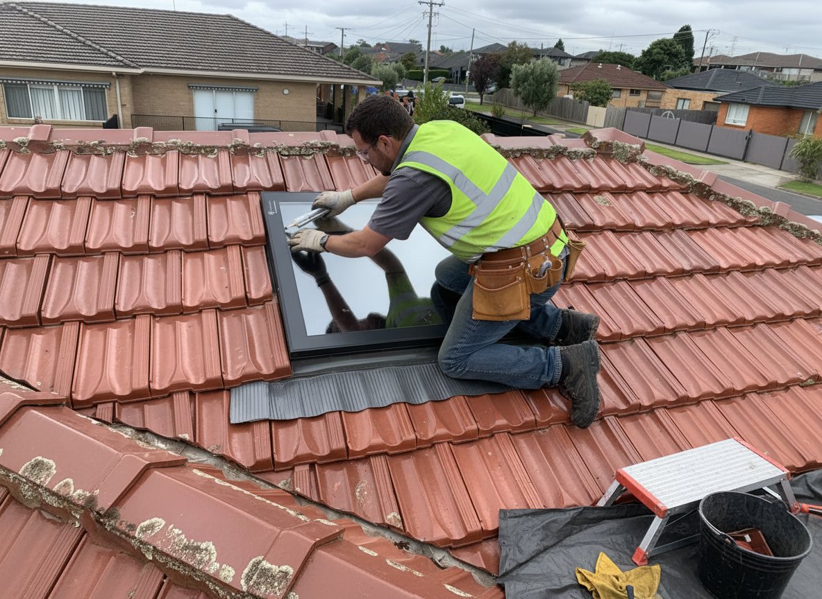 A man in a high-vis vest and tool belt installs a new skylight on a tiled roof.