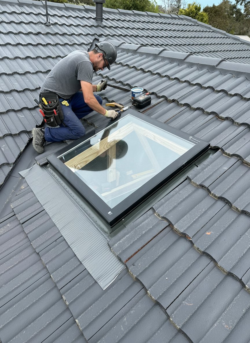 A man on a grey tiled roof installing a new skylight, wearing safety gear and using tools.