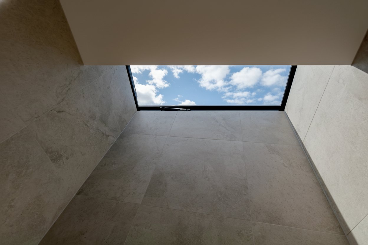 A skylight in a tiled room reveals a bright blue sky and white puffy clouds.
