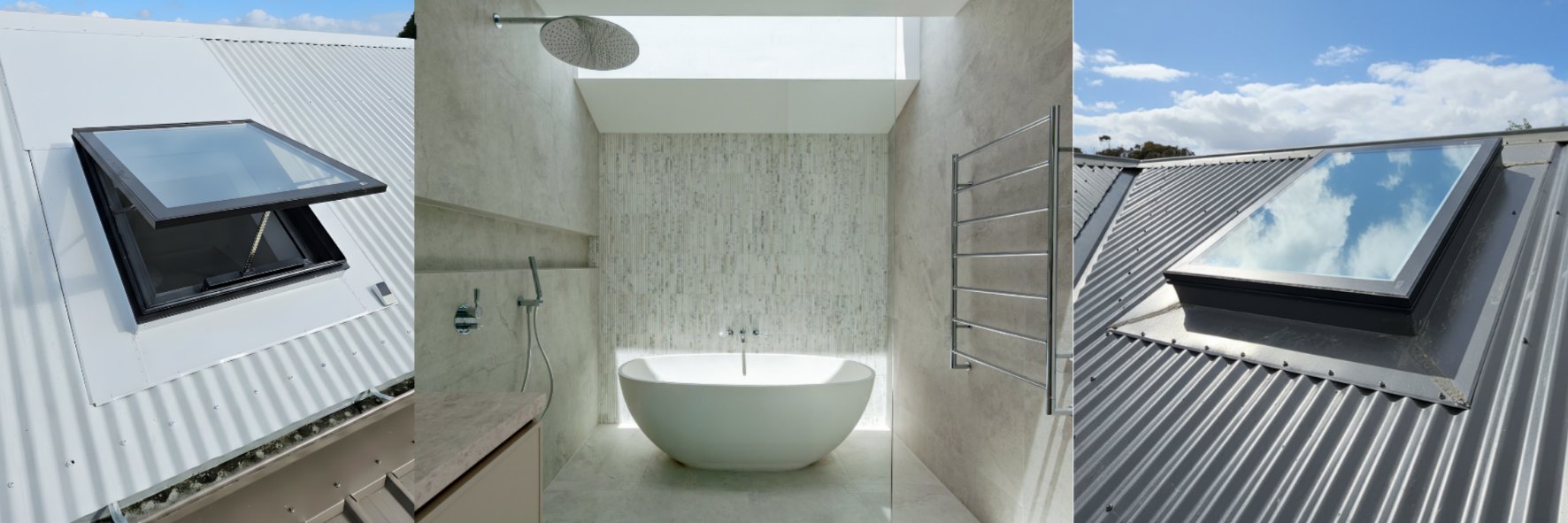Three panels show two skylights on corrugated roofs and a modern bathroom interior with a tub.
