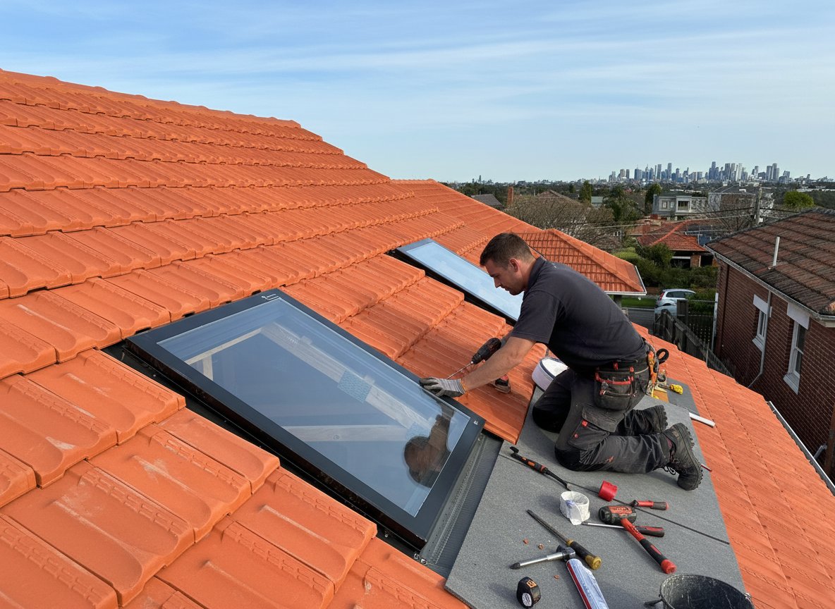 Skilled worker installing new skylights on a residential terracotta tiled roof with a city view.