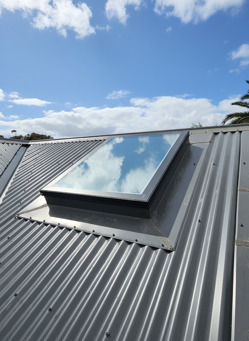 A large rectangular skylight installed on a corrugated metal roof reflects the blue sky and white clouds.
