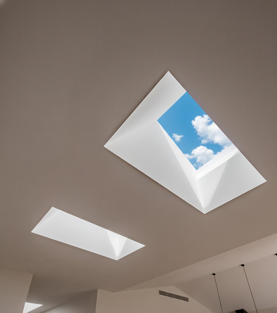 Two modern skylights in a ceiling, one showing a clear blue sky with white clouds.