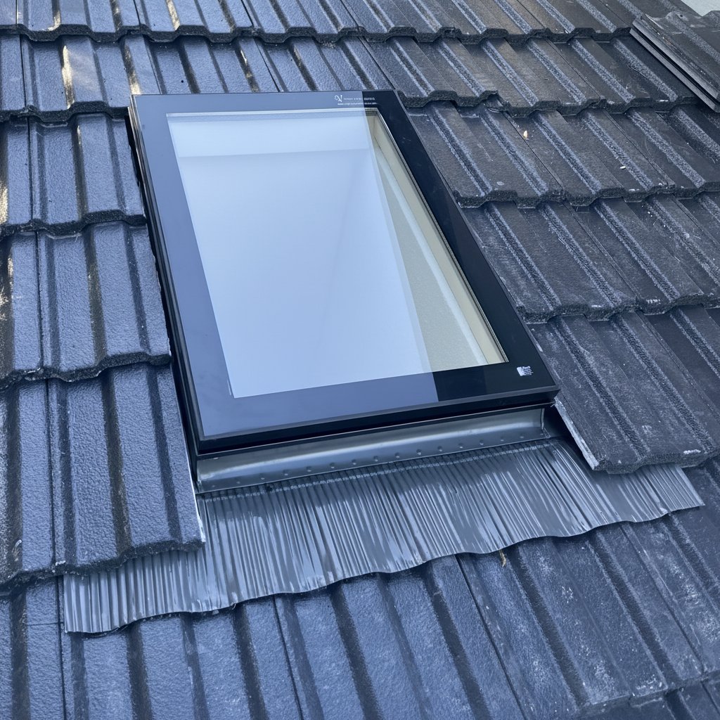 A black-framed skylight is installed on a dark, corrugated tiled roof with metal flashing.