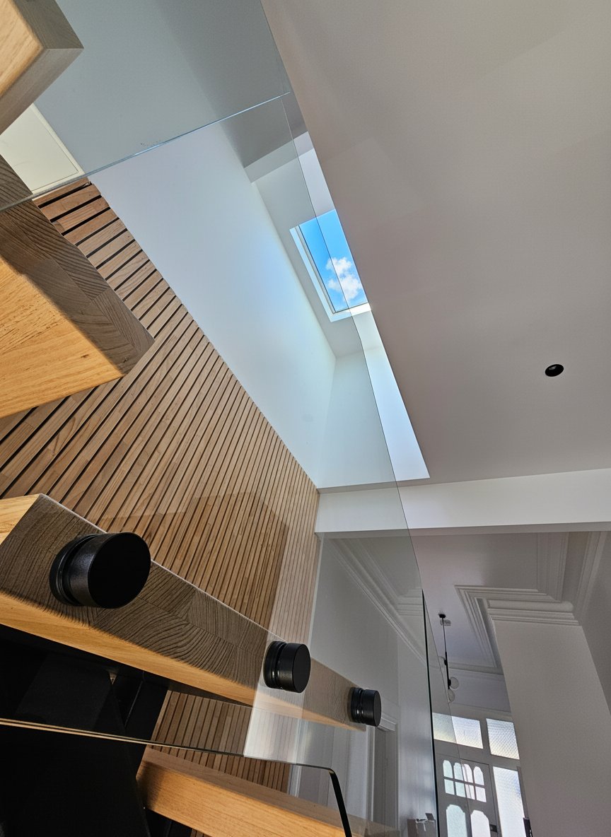 A modern interior features a wooden staircase, glass balustrade, and a skylight revealing blue sky.