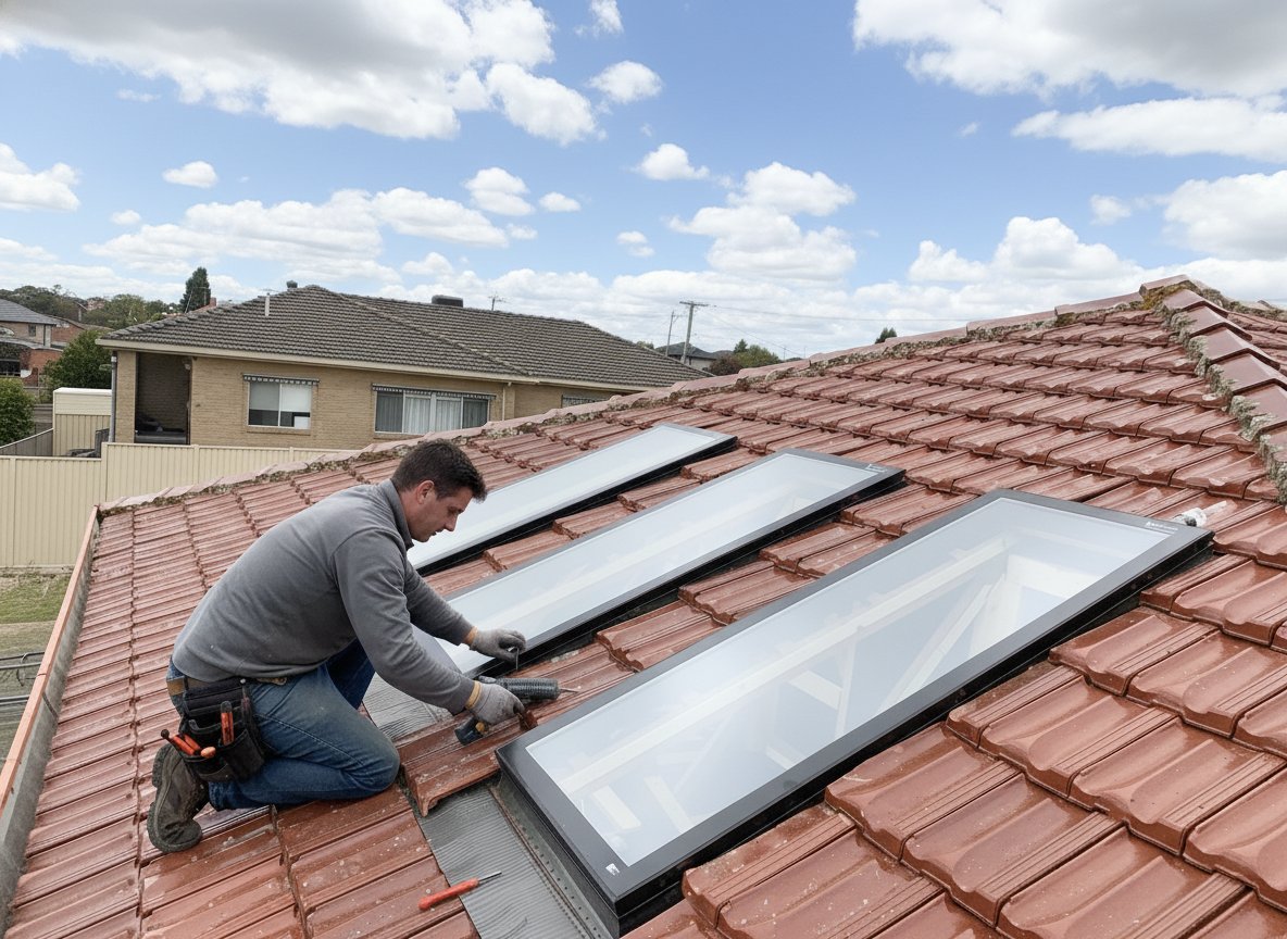 A man on a red-tiled roof installs three new skylights, applying sealant with a tool.