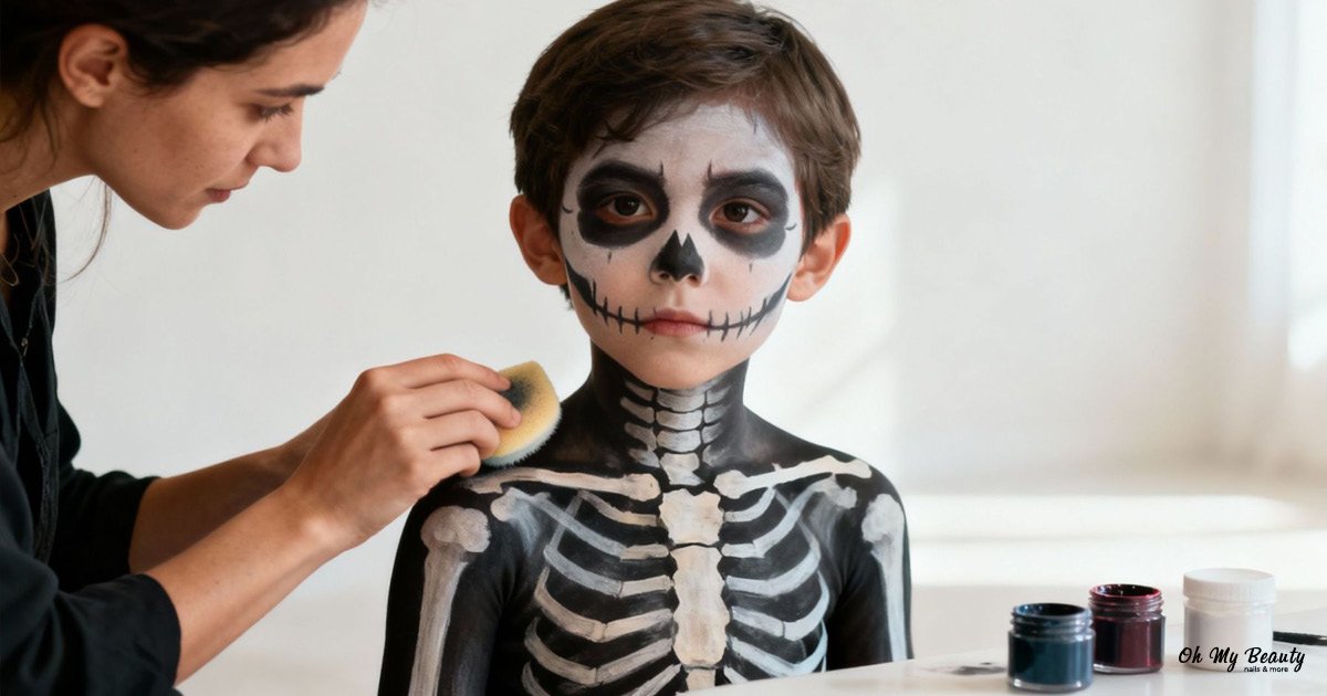 Μακιγιάζ halloween για παιδιά: εύκολες και ασφαλείς ιδέες Ένα παιδί με προχωρημένο μακιγιάζ Halloween που απεικονίζει έναν σκελετό