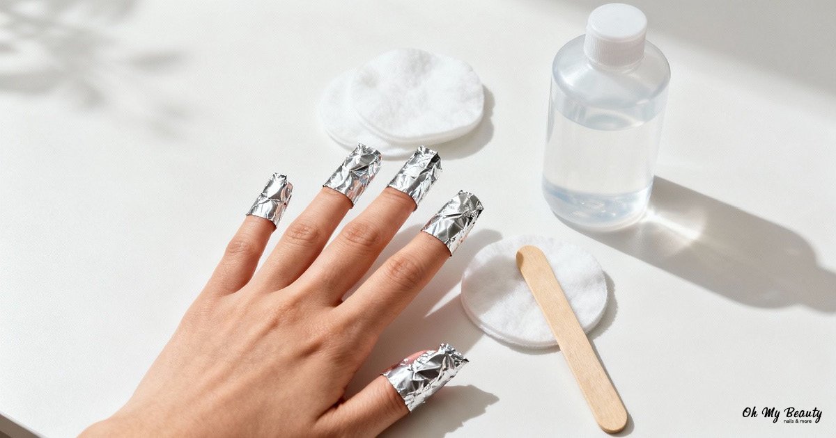 Ημιμόνιμα βερνίκια: Ο απόλυτος οδηγός για τέλεια νύχια Γυναίκα αφαιρεί ημιμόνιμο μανικιούρ με αλουμινόχαρτα και βαμβάκι.