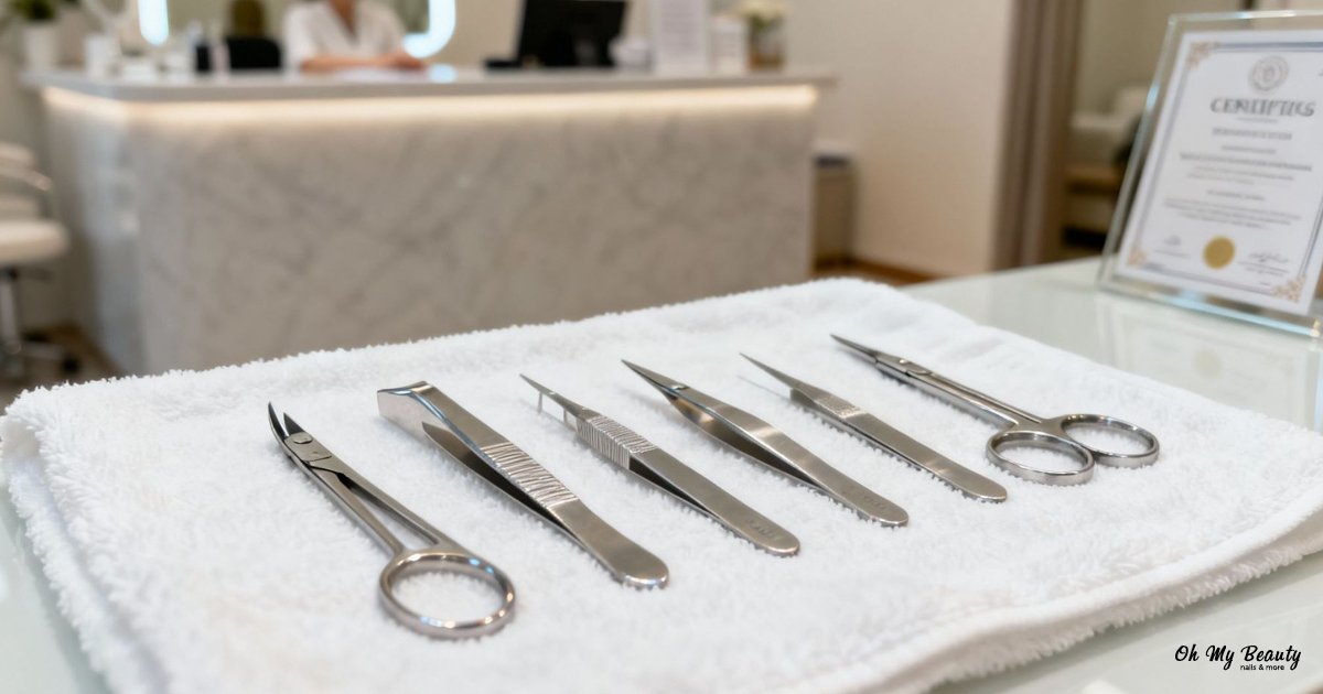 Ημιμόνιμο Μανικιούρ: Ο Πλήρης Οδηγός για το 2025 Σετ από χειρουργικά εργαλεία μανικιούρ και ψαλίδι σε λευκή πετσέτα σε κομμωτήριο