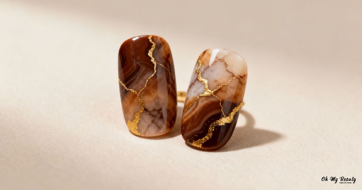 Νύχια καφέ με χρυσό: 6 Ιδέες για το 2025 Τεχνητά νύχια σε καφέ αποχρώσεις με χρυσές λεπτομέρειες και μαρμάρινο εφέ