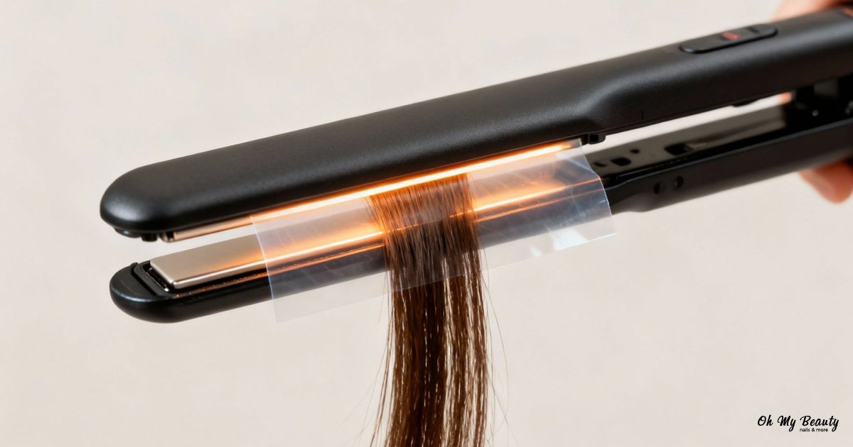 Heat Protection Spray: Ο Απόλυτος Οδηγός Χρήσης για Τέλεια Μαλλιά Ψαλίδι μαλλιών με τεχνολογία θέρμανσης που στυλίζει μια τούφα καστανών μαλλιών σε λευκό φόντο