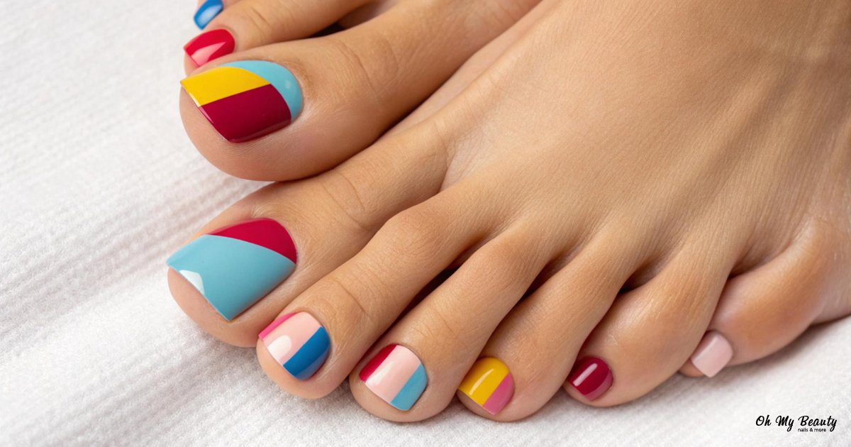 Νύχια ποδιών χρώματα: Ο απόλυτος οδηγός για τέλειο πεντικιούρ Κοντινό πλάνο σε πόδια με πολύχρωμα νύχια και σχέδια, ιδανικό για πεντικιούρ.