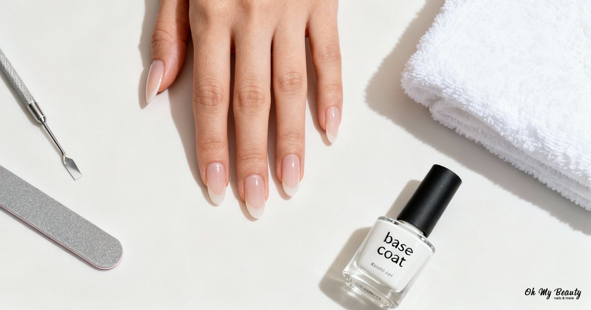 Νύχια με Γκλίτερ Ροζ: Ο Απόλυτος Οδηγός για Λαμπερό Μανικιούρ Γυναικείο χέρι με περιποιημένα νύχια, δίπλα σε εργαλεία μανικιούρ και ένα μπουκάλι βάσης νυχιών σε λευκό φόντο.