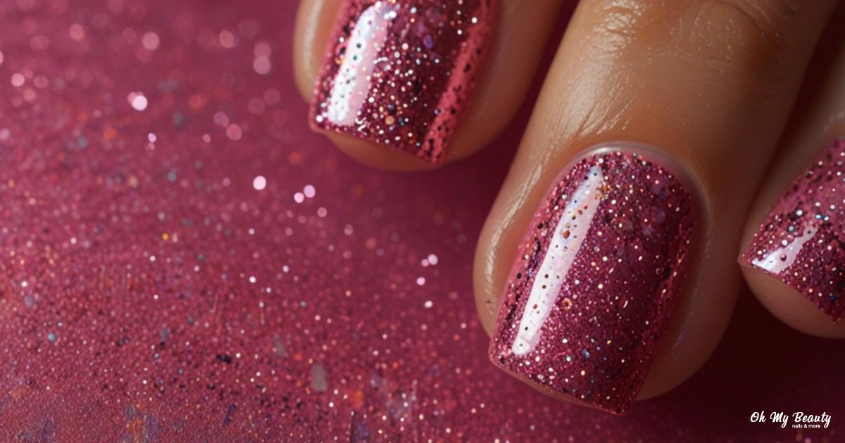 Νύχια με Γκλίτερ Ροζ: Ο Απόλυτος Οδηγός για Λαμπερό Μανικιούρ Κοντινό πλάνο δαχτύλων με λαμπερά ροζ νύχια με γκλίτερ σε ροζ φόντο.