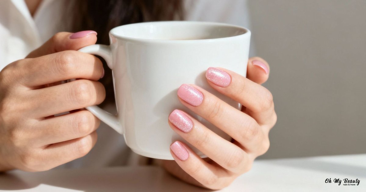 Νύχια με Γκλίτερ Ροζ: Ο Απόλυτος Οδηγός για Λαμπερό Μανικιούρ Γυναικεία χέρια κρατούν μια λευκή κούπα, με ροζ γκλίτερ βερνίκι νυχιών, σε ένα φωτεινό περιβάλλον.