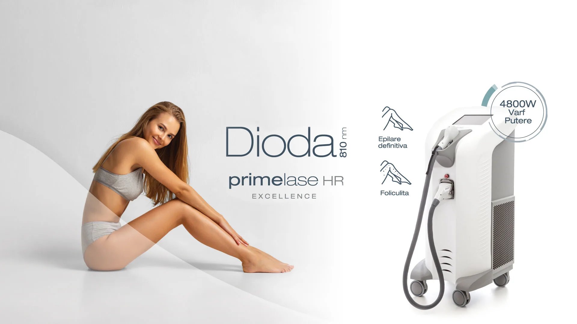 Ghid complet despre aparat laser epilare definitiva pentru o piele netedă 3 Femeie cu piele netedă lângă un aparat laser pentru epilare definitivă, indicând 810 nm și putere 4800W.