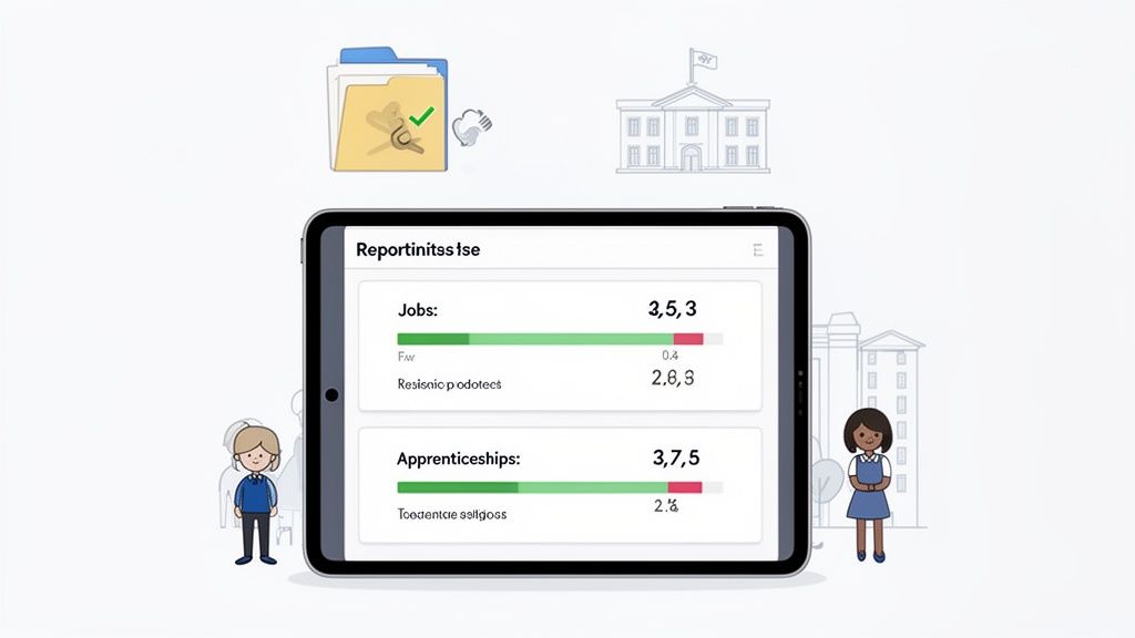 A tablet displays a digital report tracking jobs and apprenticeships with progress bars, surrounded by students.
