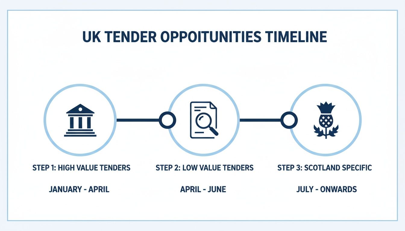 A timeline illustrating UK public sector tender opportunities, categorized by value and region.